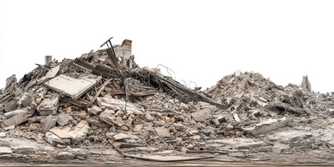 The Rubble Pile of a Demolished Urban Building Showing Concrete Rebar and Debris