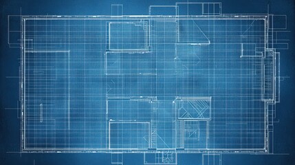Detailed Architectural Blueprint Floor Plan on a Blue Grid Background, Illustrating a Complex Building Design for Construction and Development