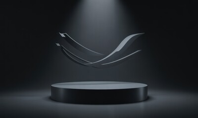 Dark, dramatic presentation of a floating, stylized symbol on a dark pedestal