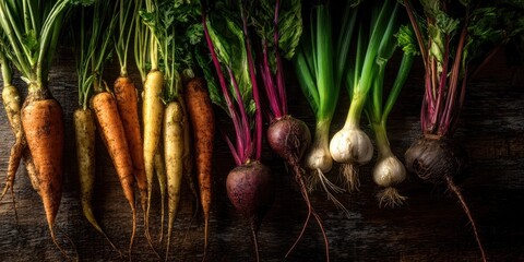 The Root Vegetables Displayed in a Rustic Harvest Arrangement on Wooden Table