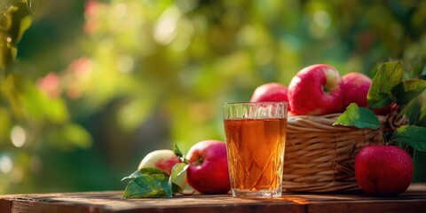 The Apple and Glass of Juice on a Rustic Wooden Table in Sunlit Orchard