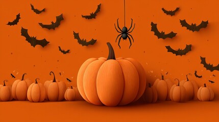 Delightfully spooky Halloween scene with pumpkins, bats, and a spider ready for festive fall promotions and seasonal greetings, perfect for themed designs