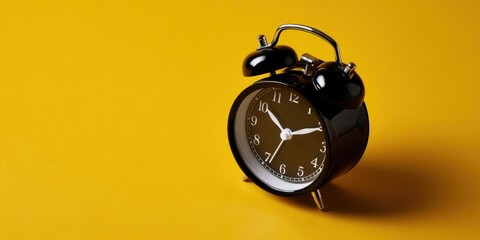 The Black Alarm Clock on Bright Yellow Background Symbolizing Time Reminder and Minimalism