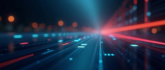 Futuristic digital network grid pulses with data, as the camera executes a slow pan, while neon lights flicker in a cinematic style, evoking innovation and technology trends. - Powered by Adobe