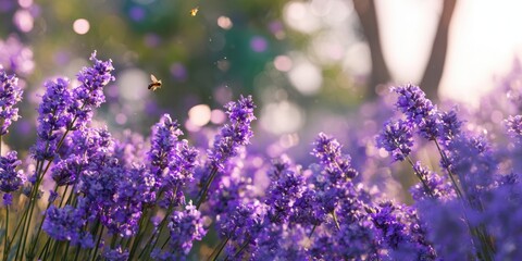 The Lavender Blooming Meadow with Bees and Soft Sunlit Bokeh Background