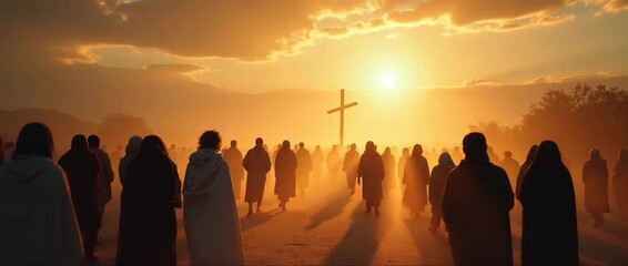 An evocative scene depicting a group pilgrimage during Holy Week, showing movement towards a sacred destination, with ample negative space for storytelling.