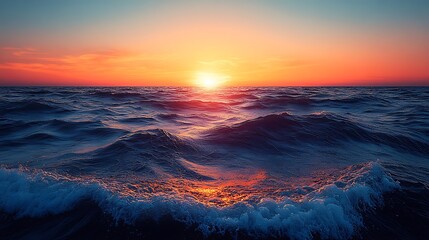 Sunset over turbulent ocean waves