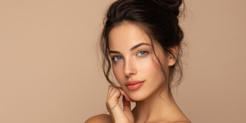 The woman with soft makeup and elegant updo posing in neutral studio light