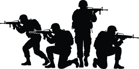 Soldier silhouette collection, tactical combat poses vector, armed military figures with rifles, battlefield stance icons set, flat vector illustration