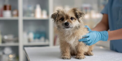 The Puppy at the Veterinary Clinic Receiving a Gentle Examination from a Gloved Technician