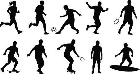 Silhouettes of active people in various sports, fitness, dance, and recreation activities, dynamic movement poses, flat vector illustrationSilhouettes of active people in various sports, fitness, 