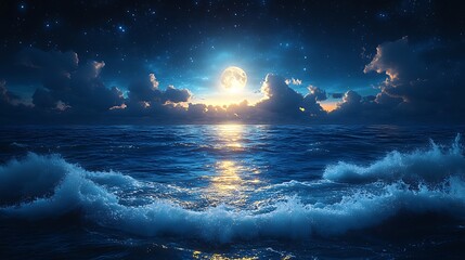 Moonlit sea waves at night
