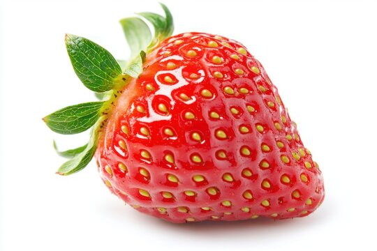 A vibrant strawberry with a rich red hue and a green stem, nestled against a white background.