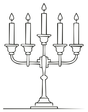 Outline of candelabra with five candles lit, hand drawn black and white sketch