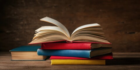 The Book Open on Colorful Stacked Hardcovers Against a Rustic Wooden Background