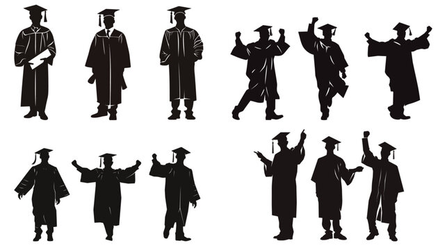 Silhouette of a male graduate celebrating success on white background