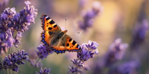 The butterfly resting on lavender blooms in warm golden sunlight with soft bokeh