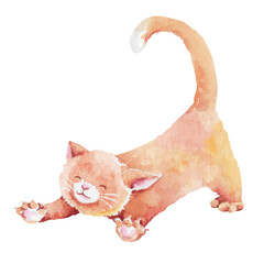 Ginger cat stretching, hand drawn watercolor illustration isolated on white. Cute cartoon red kitten. Animal clipart for children's designs, games, educational activities and cards, pet care