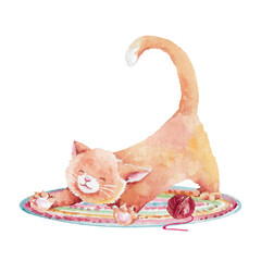 Ginger cat stretches on a multicolored round rug with ball of yarn. Hand painted watercolor illustration isolated on white. Cute cartoon kitten animal for children's designs, games, educational cards