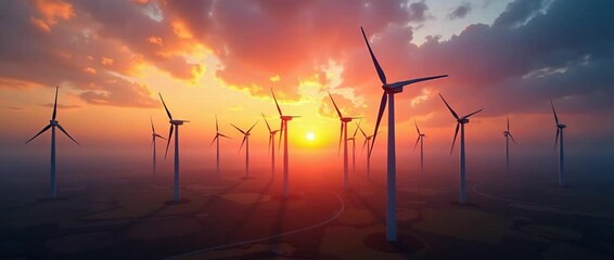 Majestic wind turbines rotate slowly against a vibrant sunset sky, as the camera gently pans, capturing the serene landscape in a cinematic, renewable energy showcase. - Powered by Adobe
