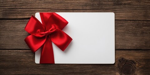 The White Blank Card with Red Satin Bow on Rustic Wooden Surface