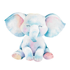Сute blue baby elephant sitting hand drawn watercolor illustration isolated on white background. Cute cartoon wild animal. Funny clipart for children's designs, games, educational activities and cards