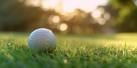 The Golf Ball Resting on Dewy Grass with Golden Sunrise and Bokeh Background