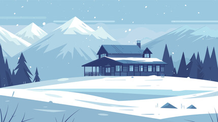 Fototapeta premium Flat style ski lodge illustration with snowy mountain scenery