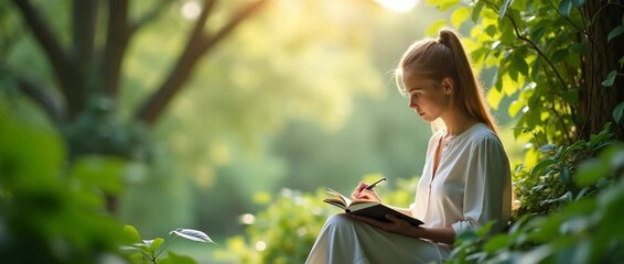An artistic representation of self-care and wellness, showcasing a woman journaling in serenity amidst lush greenery. Negative space highlights her personal journey and reflection.