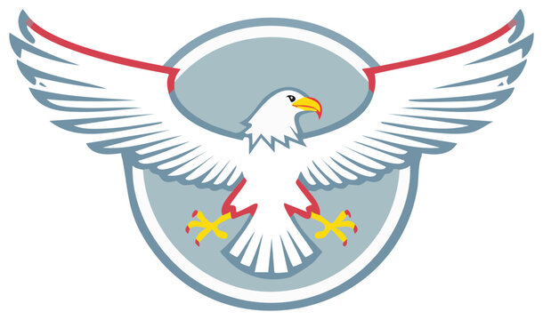 Stylized eagle emblem with outstretched wings and a shield shape in blue and red
