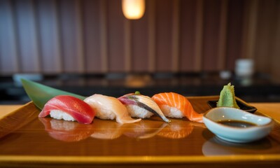 Five colorful sushi pieces on a wooden tray. Blurred restaurant background