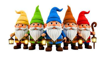 Obraz premium Colorful Christmas gnomes wearing festive hats and outfits, standing in a cheerful group on a white background.