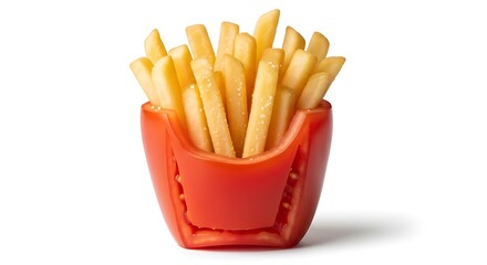 French fries served in a red bell pepper isolated on white background