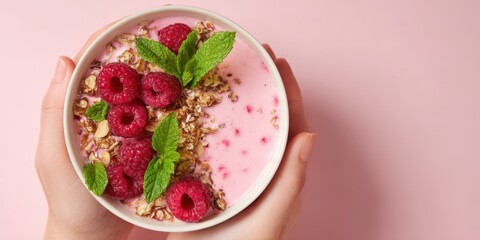 The Raspberry Yogurt Bowl with Granola and Fresh Mint in Hands