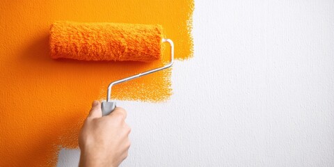 The Paint Roller Applying Bright Orange Paint on a White Wall