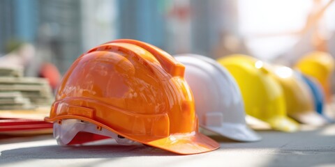 The Hard Hat Lineup on a Construction Site Bench with Blurred Background
