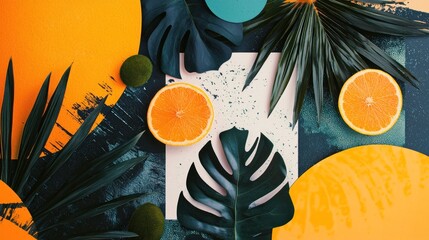 Vibrant Tropical Abstract Collage Flat Lay with Sliced Oranges, Monstera and Palm Leaves on Textured , Teal, and Beige Backgrounds for Summer Design