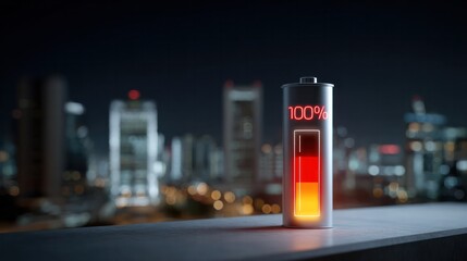 Energy Horizon: A solitary battery, pulsating with vibrant power, stands as a beacon of technology against a backdrop of a sprawling city skyline, heralding an era of sustained energy.