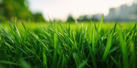 The grass blades in a sunlit field with shallow depth of field background