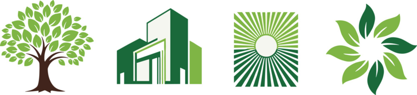 Eco nature logo collection with tree, green building, sunburst field and leaf flower, sustainability and renewable energy concept