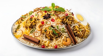 A plate of biryani with boiled egg and garnishes