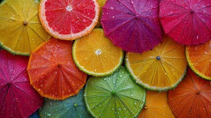 Vibrant citrus slices and miniature umbrellas create a playful, colorful, and refreshing background perfect for summer promotions and eye-catching designs