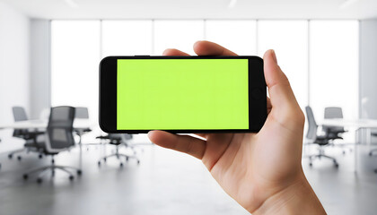 Hand holding a smartphone with vivid green screen in a modern office environment, perfect for mobile app mockups, UI/UX design previews, digital presentations, technology demonstrations, and branding
