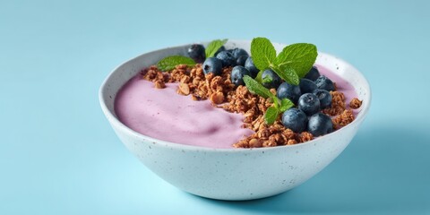 The Smoothie Bowl with Blueberries Granola and Fresh Mint on Blue Background