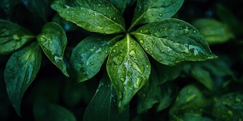The Leaf With Dew Drops and Glossy Green Texture in Soft Light Close Up