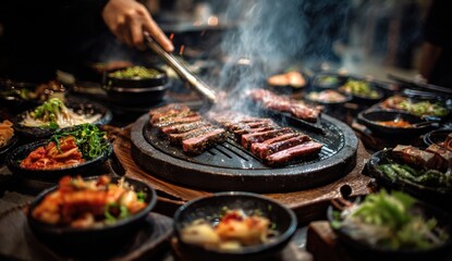 A close-up shot captures a sizzling barbecue grill laden with perfectly seared meat, surrounded by an array of delectable side dishes, creating a mouthwatering culinary experience