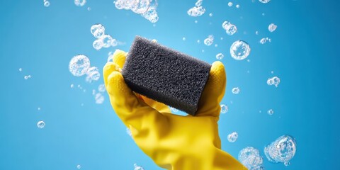 The Sponge in Yellow Glove with Bubbles on Bright Blue Background