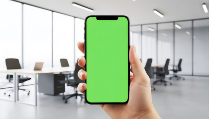 Hand holding a smartphone with bright green screen in a modern office setting, ideal for mobile app mockups, UI/UX previews, digital presentations, technology demos, and professional branding visuals