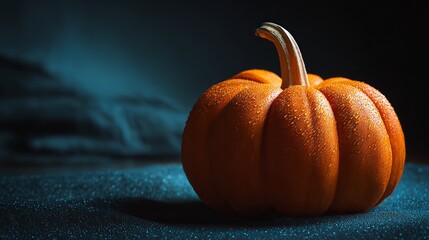 Stunning vibrant pumpkin glistening with fresh dew drops, perfect for autumn harvest festivals, spooky Halloween themes, and festive seasonal decor