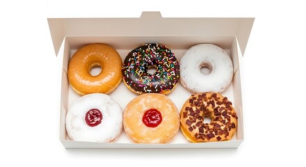 Assortment of six donuts in a box, isolated on white background